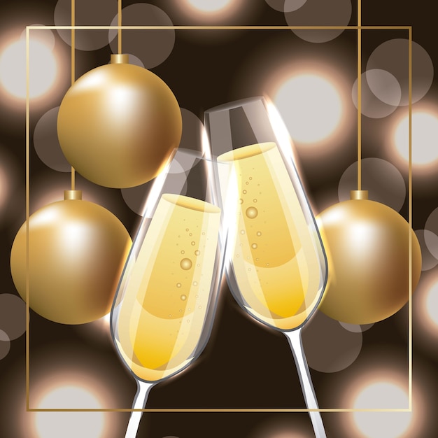 pair of champagne glass cheers golden balls hanging