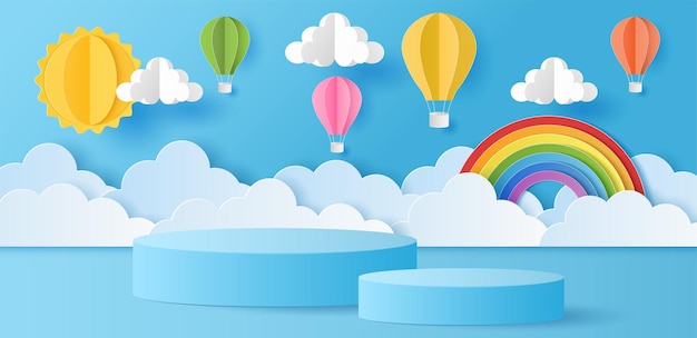 Paper cut of summer banner background with blue color cylinder podium for products display presentation with sun cloud rainbow and colorful hot air balloons Vector illustration