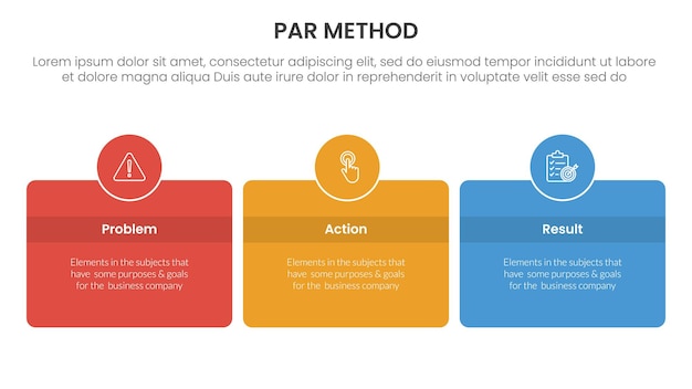 PAR method infographic 3 point with round box and circle badge on center with horizontal direction for slide presentation
