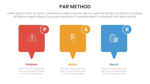 PAR method infographic 3 point with round box container with arrow right side direction for slide presentation