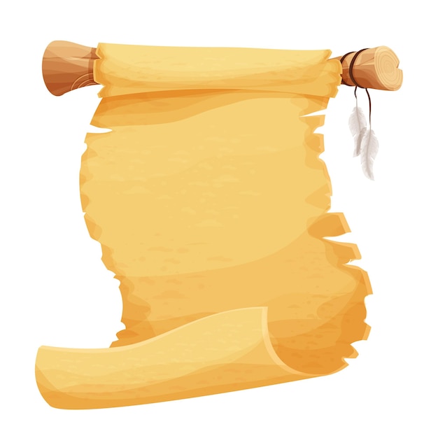 parchment scroll with feather on wooden stick in cartoon style isolated