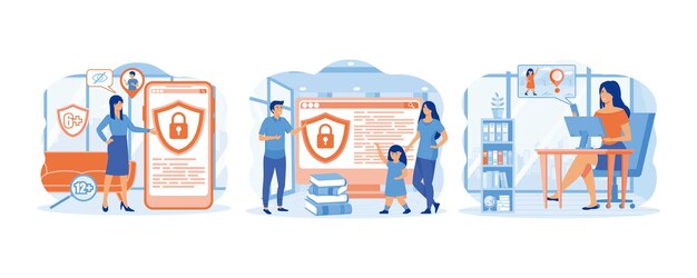 parental control software dad and mom block prohibited or inappropriate content on social media parental control app set flat vector modern illustration