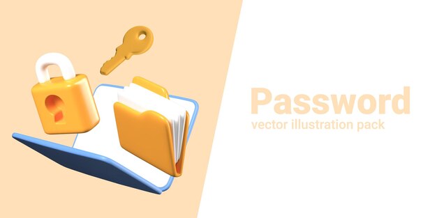 Password access concept Realistic laptop folder with files lock key