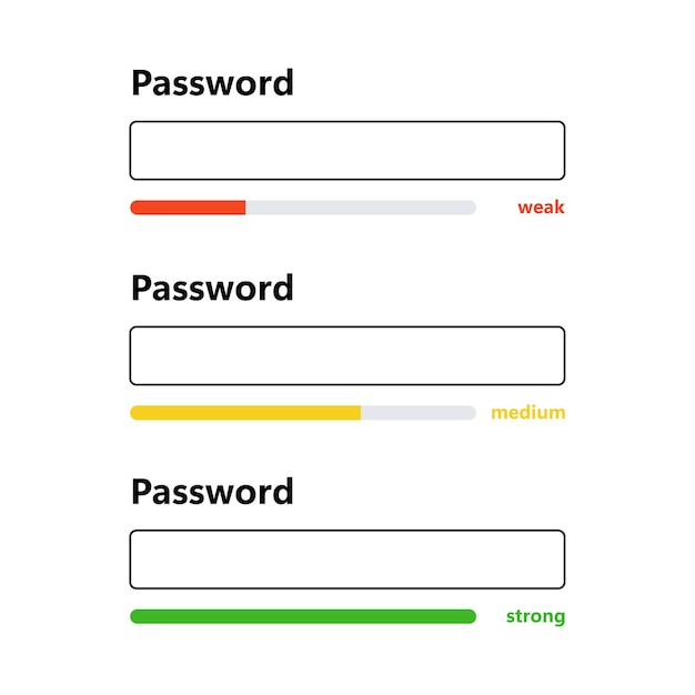 Password weak medium and strong interface Password form template for website Digital security bar Safety requirement App design layout interface Vector illustration isolated on white background