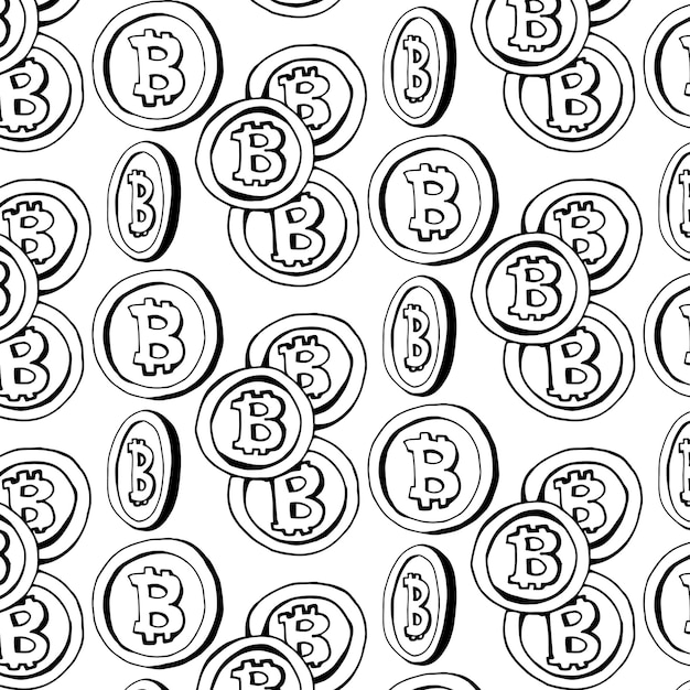pattern of bitcoin currency in white background with mini doodle (icons). vector illustration