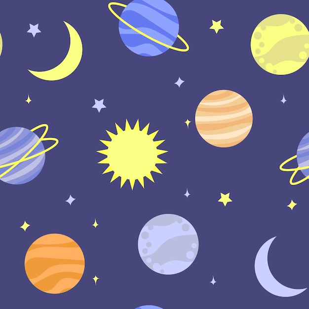 Pattern of space planets stars and moon Flat vector illustration