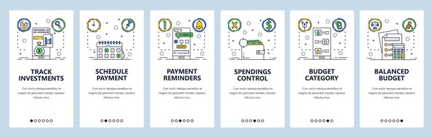 Payment website and mobile app onboarding screens vector template