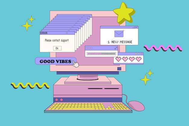PC with monitor keyboard and mouse in retro style Computer with user interface elements Vector