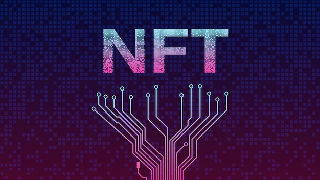 PCB tracks on bottom and crumbled text NTF non fungible token from falling golden cubes Fragmented text from blocks on purple background Website header or banner Vector illustration