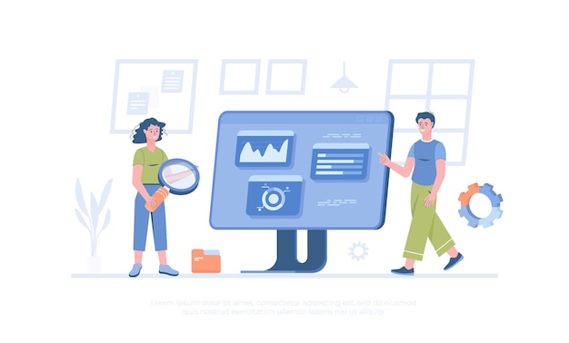 people analyze data analysts research business statistics on charts business process cartoon mode