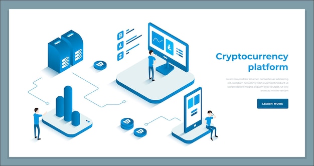 People analyzing data on cryptocurrency platform use smartphone and computer monitor landing page isometric vector illustration Male employee bitcoin mining market trade diagram monitoring web banner