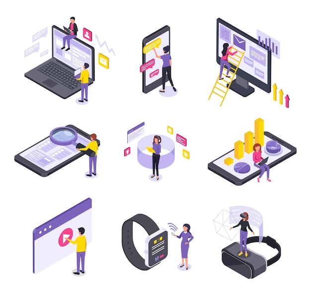 people and interfaces isometric collection with isolated conceptual icons