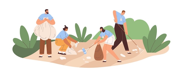 People collecting litter, garbage into trash bags. Eco volunteers raking, picking up plastic waste, cleaning environment, nature from rubbish. Flat vector illustration isolated on white background.