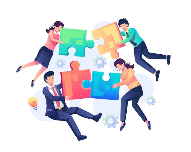 People connecting piece puzzle elements Team metaphor teamwork and partnership concept illustration