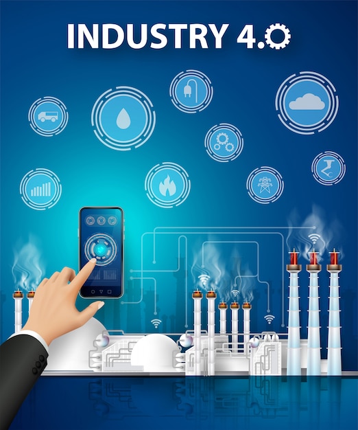 people connecting with a factory using smartphone and exchanging data with a neural network.