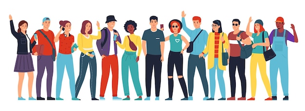people group. young men and women standing together in row. happy students smiling and greeting waving hands. citizens grouping. multicultural friends. cultures and nations diversity. vector concept