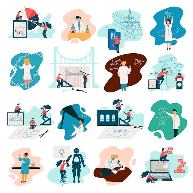 people of different profession engineering and conducting scientific research big vector set