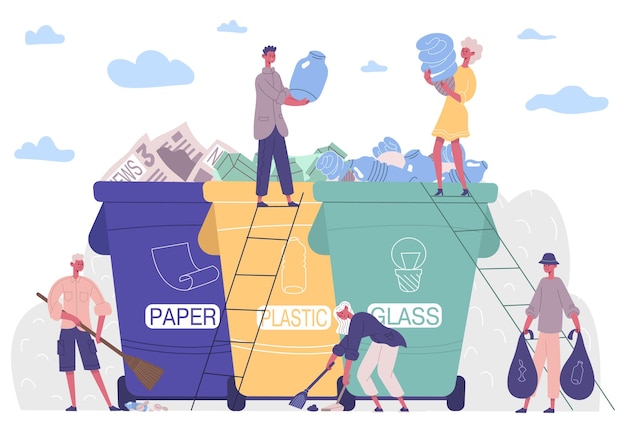 people sorting garbage, protecting environment from plastic solution. collecting, sorting, recycling garbage activists vector illustration. characters keep environment clean, gathering litter