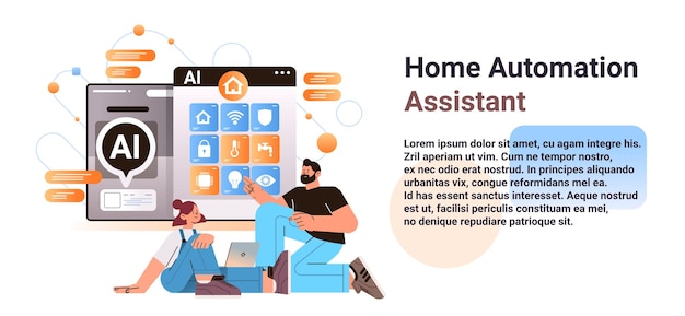 people using home automation assistant computer app with ai helper bot smart home technology concept horizontal copy space vector illustration