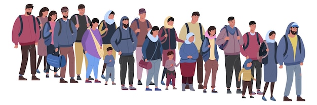 people waiting in line migrant queue refugees crowd