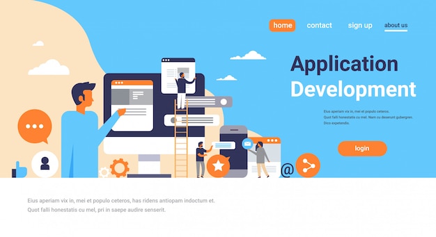 people working chat bubbles mobile application development concept men climbing ladder messenger interface landing page