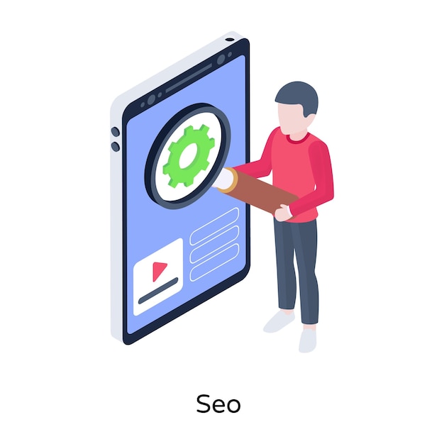 Person with magnifier mobile and cogwheel concept of SEO isometric icon
