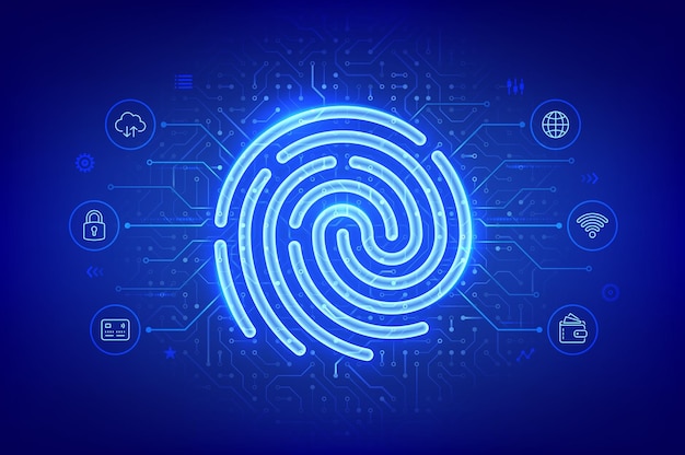Personal data protection Biometrics identification Fingerprint icon on circuit board pattern background Cyber security Password control Fingerprint scan Password control Vector illustration