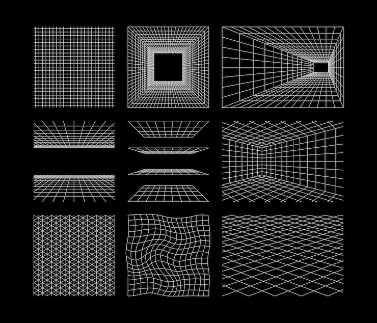 Vector perspective grids retro futuristic wireframes cyberpunk net space perspective lines vanishing point rectangular space seamless checkered isometric grid pattern isolated vector set