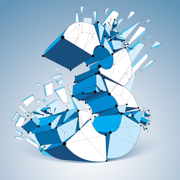 Perspective technology demolished blue number 3 with black lines and dots connected, polygonal wireframe font. Explosion effect, abstract faceted element cracked into multiple fragments.