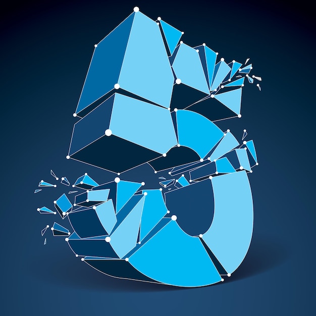 perspective technology demolished number 5 with white lines and dots connected, polygonal wireframe font. explosion effect, abstract faceted element cracked into multiple fragments.