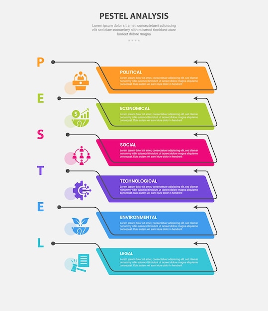 PESTEL analysis infographic outline style with 6 point template with creative open box container with arrow line on vertical stack structure for slide presentation