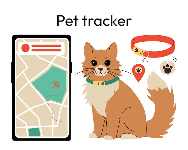 pet tracking system featuring a fluffy cat wearing a smart collar a gps tracking app on a smartphone