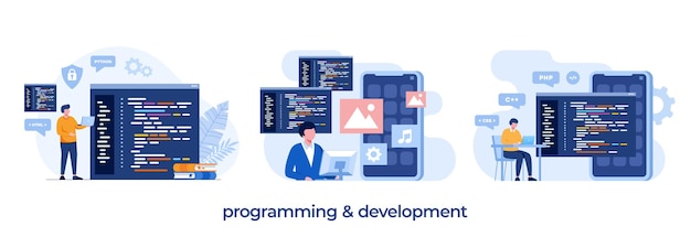 Phát triển web. ngôn ngữ lập trình. css, html, it, ui. nhân vật hoạt hình lập trình viên phát triển trang web, viết mã. biểu ngữ minh họa phẳng