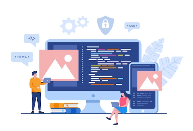 Phát triển web. ngôn ngữ lập trình. css, html, it, ui. nhân vật hoạt hình lập trình viên phát triển trang web, viết mã. biểu ngữ minh họa phẳng