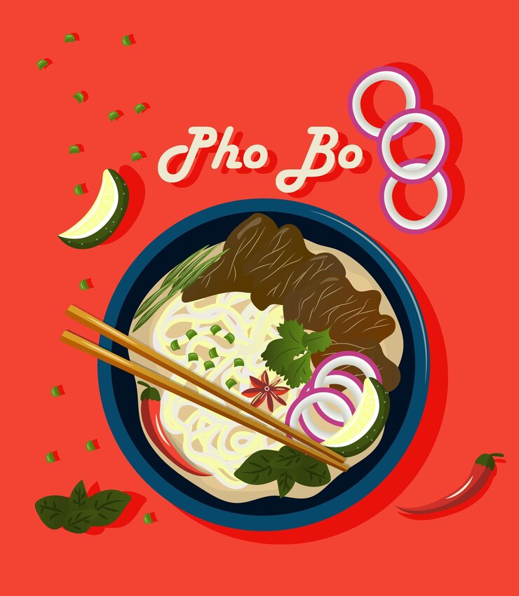 Vector phở bò súp việt nam ẩm thực châu á mì thịt bò gia vị biểu ngữ cho thực đơn nhà hàng quán cà phê