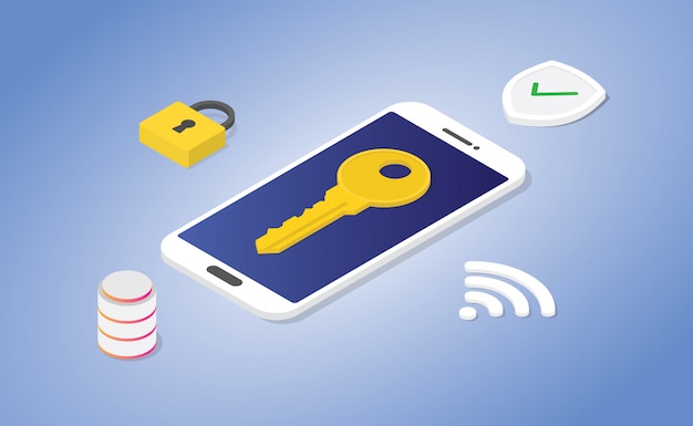 Phone security concept with padlock and database shield secure with modern isometric style