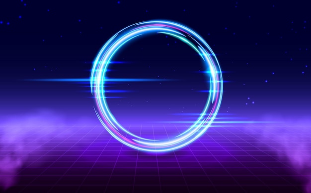 Phong cách Vaporwave Phong cảnh Retrofuturistic với lưới phối cảnh và vòng tròn phát sáng có sương mù