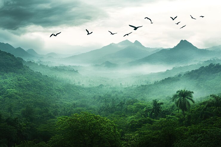 Vector photo of an indian jungle with birds flying in the sky distant mountains in the background overcast