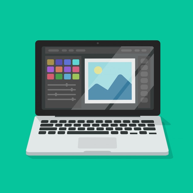 Photo or graphic editor on isolated laptop computer flat cartoon illustration