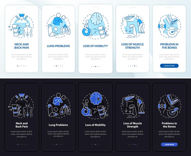 physical problems onboarding mobile app page screen. healthcare walkthrough 5 steps graphic instructions with concepts. ui, ux, gui vector template with night and day mode illustrations