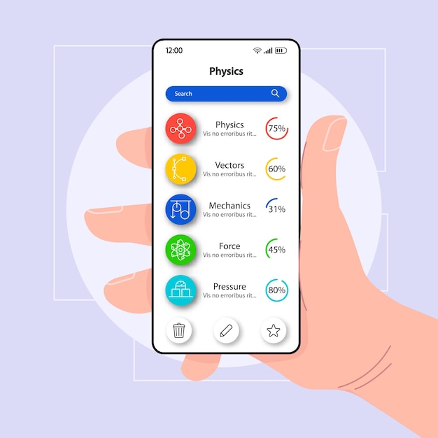 physics categories smartphone interface vector template