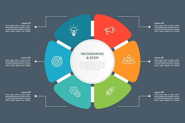 Pie Chart Glassmorphism Infographic Template With 6 Options Steps Parts Segments Vector Illustration