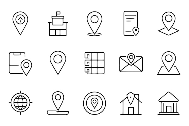 Pin map address point marker concept related black stroke outline icons set isolated flat vector