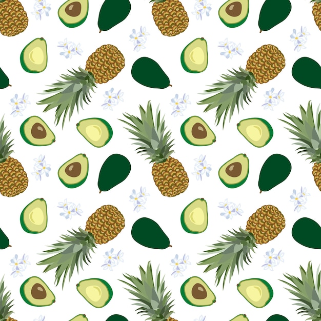 Pineapple avocado half avocado fruit blossom flowers Vector seamless pattern
