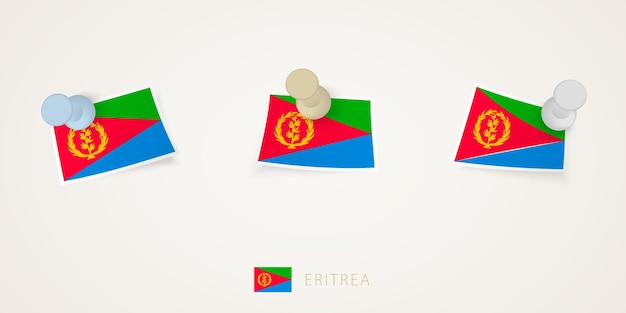 Pinned flag of Eritrea in different shapes with twisted corners Vector pushpins top view