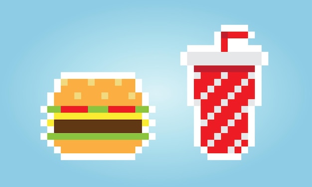 Pixel 8 bit burgers and drinks for game assets fast food vector