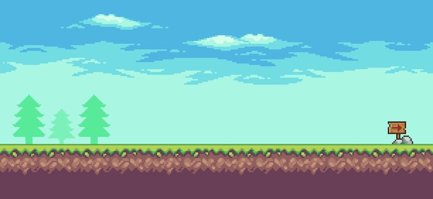pixel art arcade game scene with trees clouds and 8bit wooden board