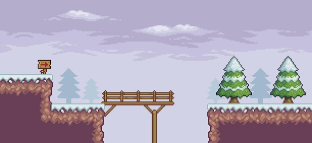 Pixel art game scene in snow pine trees wood bridge indicative board 8bit background