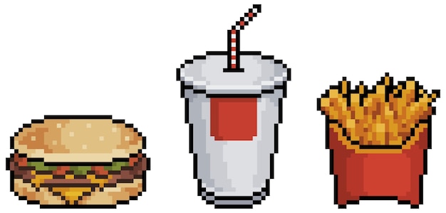 Pixel art hamburger potato and soda Fast food bit game item on white background