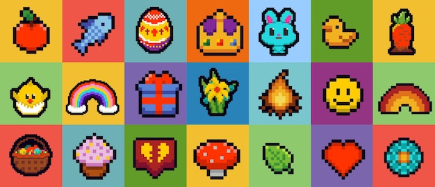 pixel art icons set happy easter greeting card design rabbit bunny eggs and baby chicken